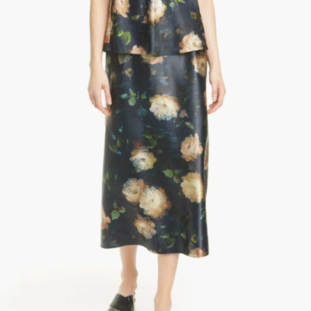 NEW Vince Women Painted Rose Petal Glow Silk Slip Midi Zip Up Skirt - Picture 4 of 10